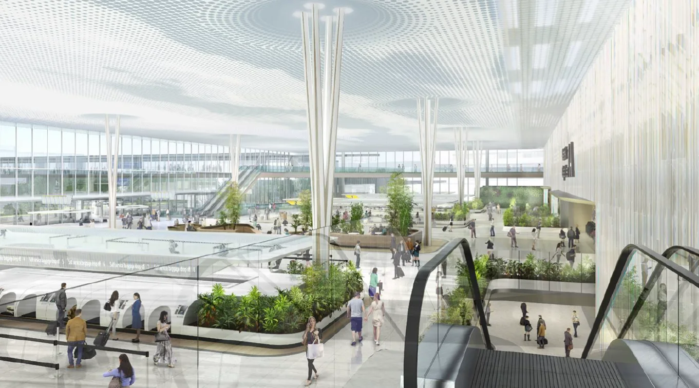 Departures hall under the transparent ceiling
