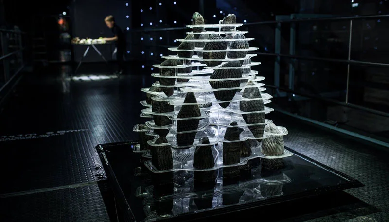 The installation lit at night in the Museum of Estonian Architecture